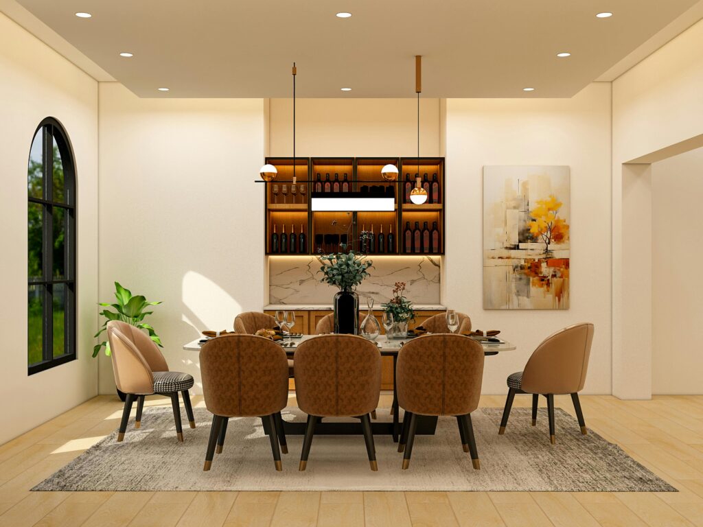 Stylish dining room with elegant furniture and warm lighting for modern homes.